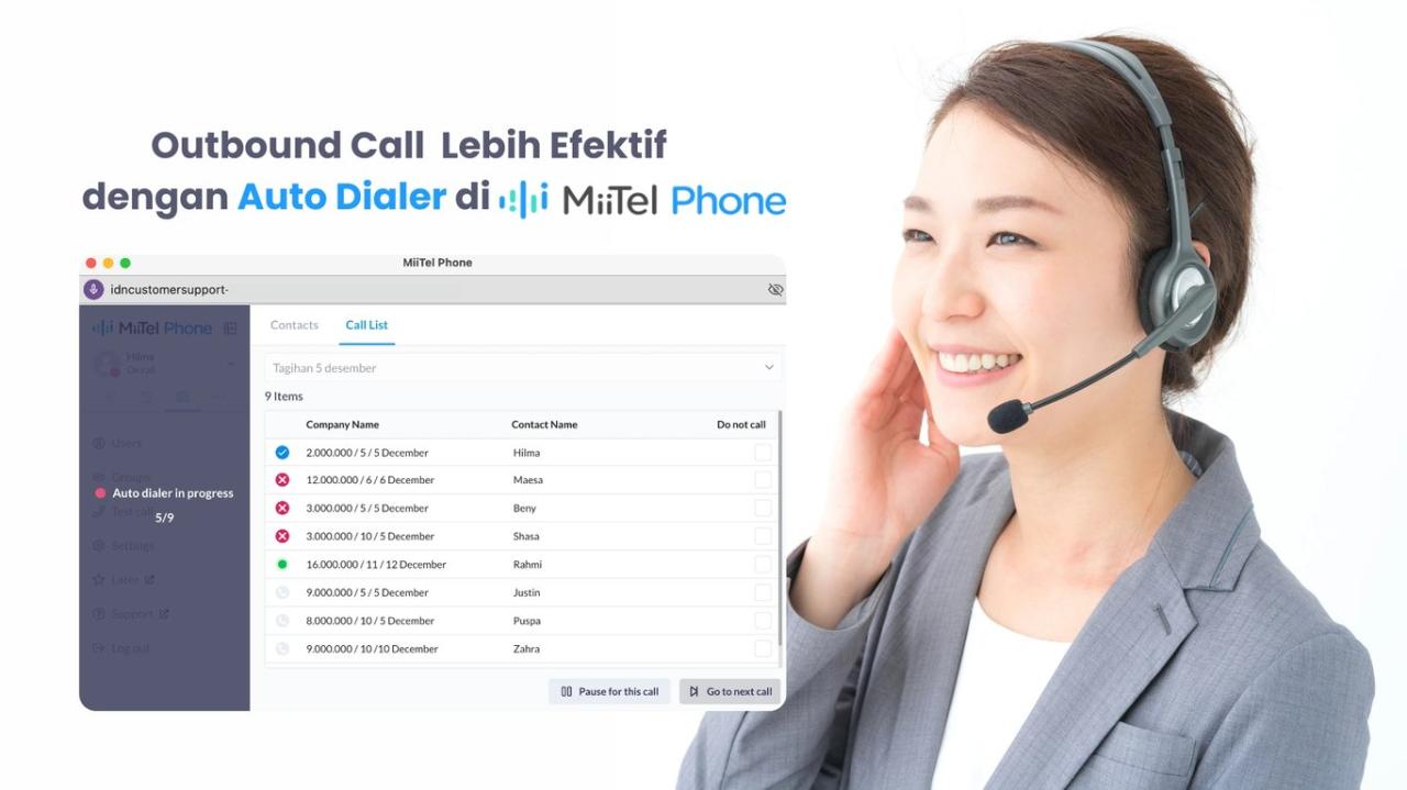 MiiTel Phone, produk dari RevComm yang dikutip dari Cerita.co.id, kini menghadirkan fitur Auto Dialer. Fitur ini dirancang untuk mengotomatiskan panggilan keluar (outbound call) bagi perusahaan, khususnya tim call center dan sales. Dengan memanfaatkan kecerdasan buatan (AI), MiiTel Phone bertujuan meningkatkan produktivitas dan efisiensi biaya dengan meminimalisir tugas-tugas manual sebelum dan sesudah panggilan. Hal ini memungkinkan agen untuk lebih fokus berinteraksi dengan pelanggan.